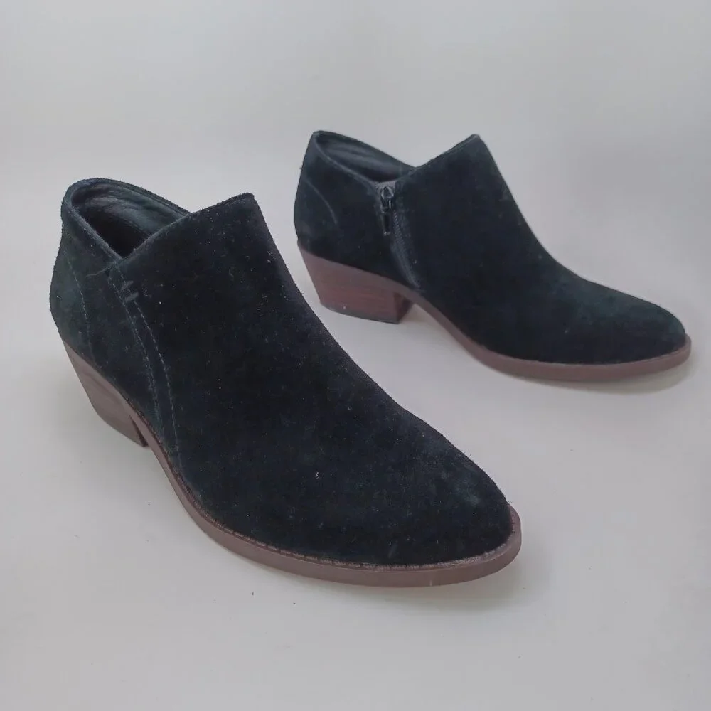 Lucky Brand Ankle Boots Womens‎ US 6.5 M Black Suede Fanky Side Zip Low Heel
